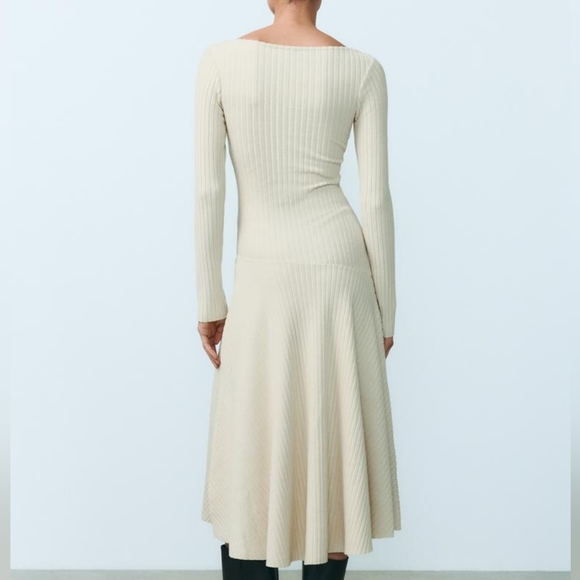 Zara 3253/850 Ecru Tilted Drop Waist Ribbed Dress - Picture 5 of 13